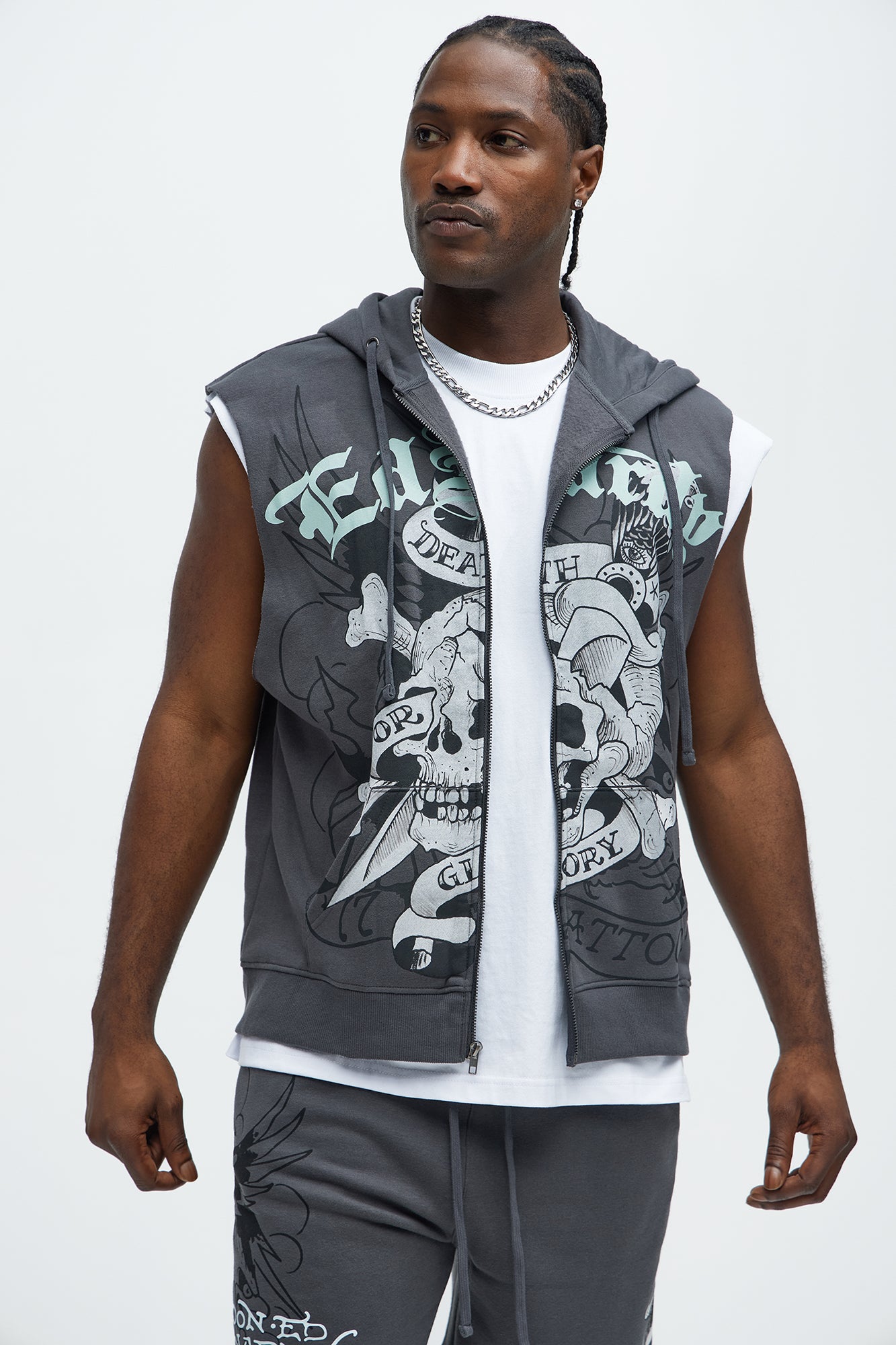 Ed Hardy Skull Glory Sleeveless Zip Up Hoodie - Charcoal | Fashion
